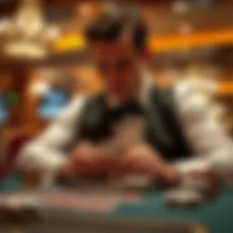 A dealer shuffling cards at a blackjack table