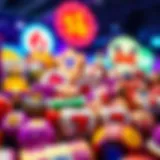 A vibrant display of various slot game icons and symbols