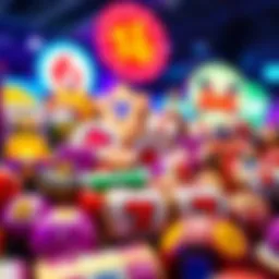 A vibrant display of various slot game icons and symbols