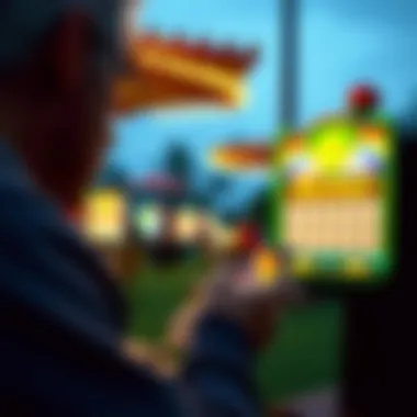 A person enjoying a keno game on a mobile device outdoors