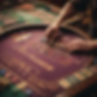 A close-up of a gaming table with colorful chips and cards in play