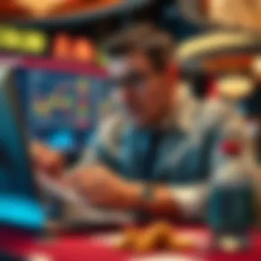 A strategist analyzing gaming odds with charts and graphs.