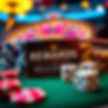 Close-up of a rewards card displayed alongside chips and dice